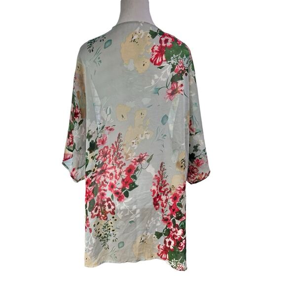 Floral Open Front Kimono Swim Coverup Gray Pink Green One Size - Picture 4 of 4
